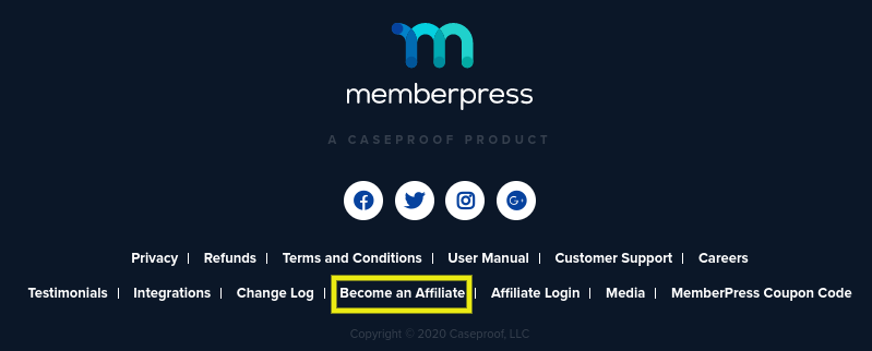 The footer of the MemberPress website.