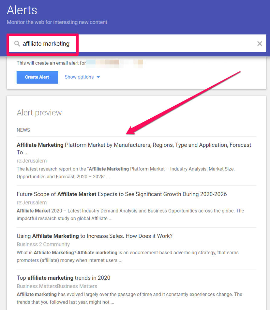 A Google Alerts search for affiliate marketing.