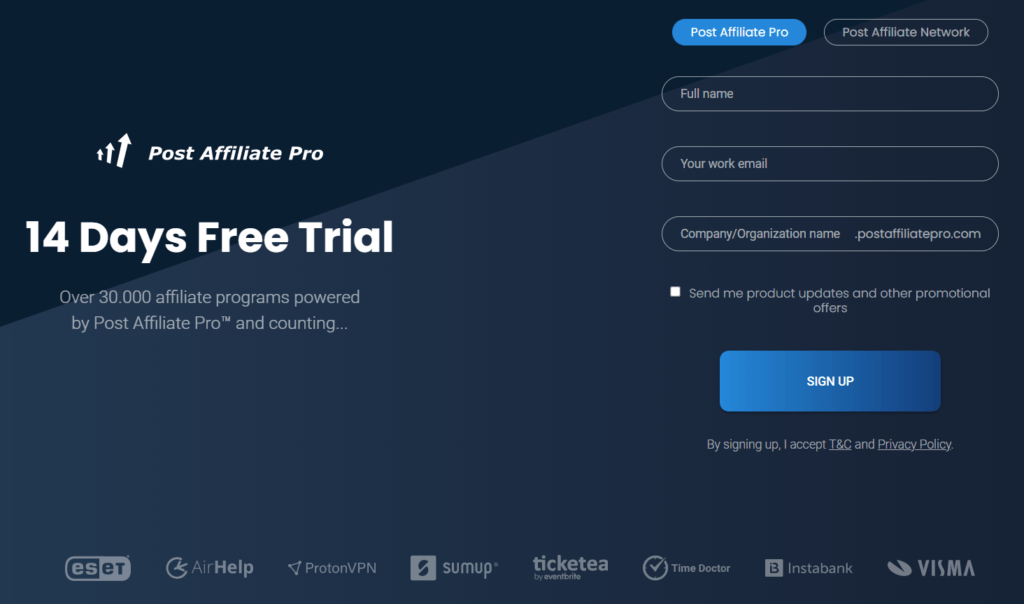 The Post Affiliate Pro signup page