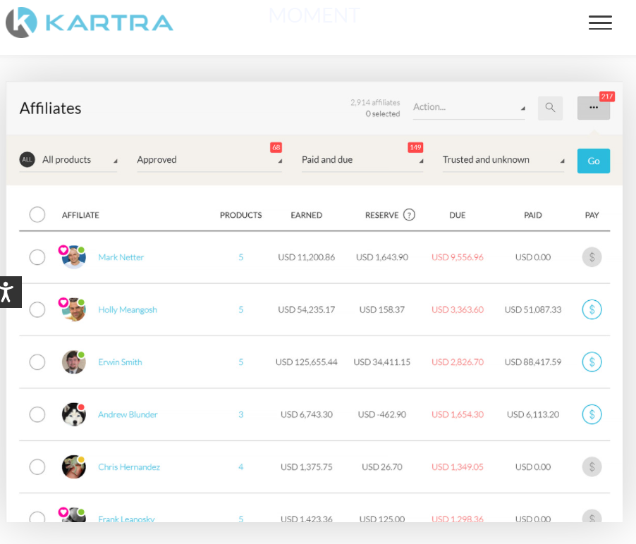 Painel de marketing de afiliados Kartra