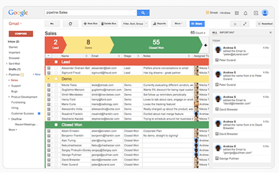 Capture d'écran de Streak utilisé avec Gmail