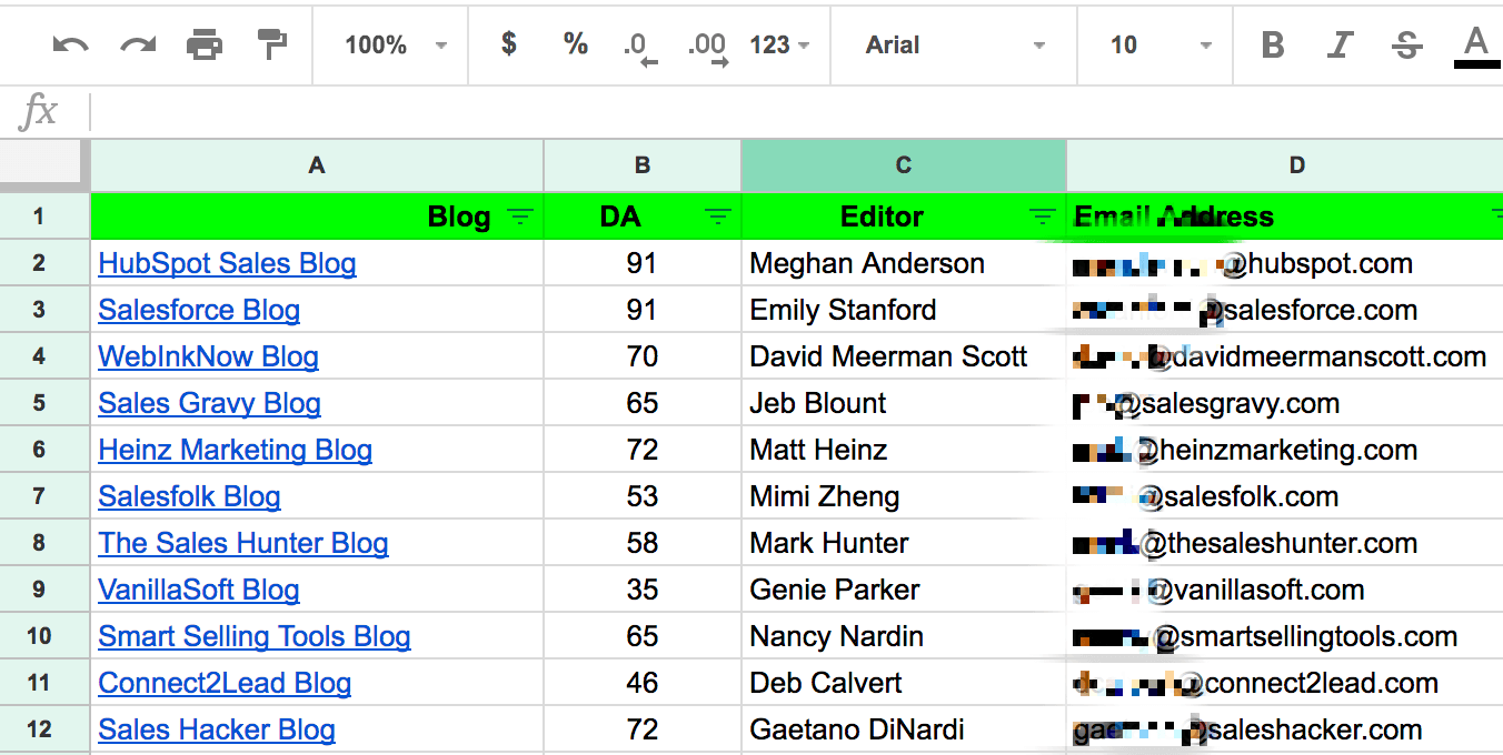 Spreadsheet yang menunjukkan blog, otoritas domain, editor, dan alamat email