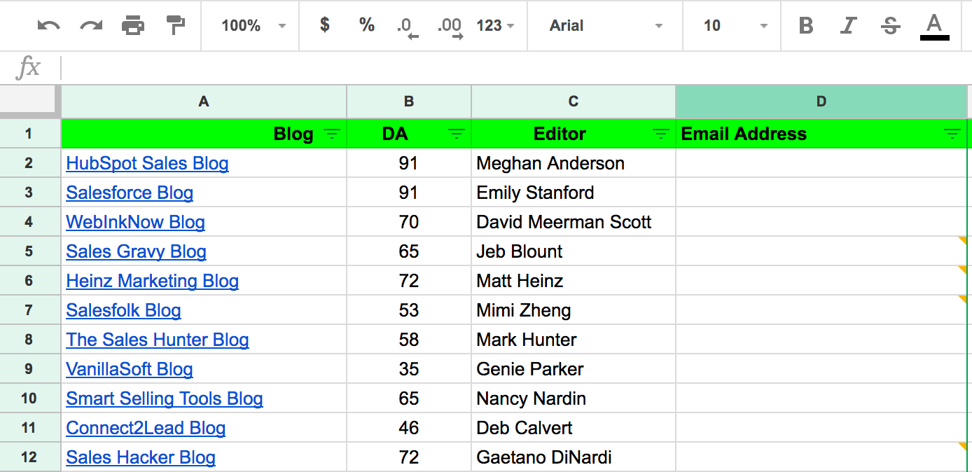 Spreadsheet yang menampilkan blog, otoritas domain, dan editor