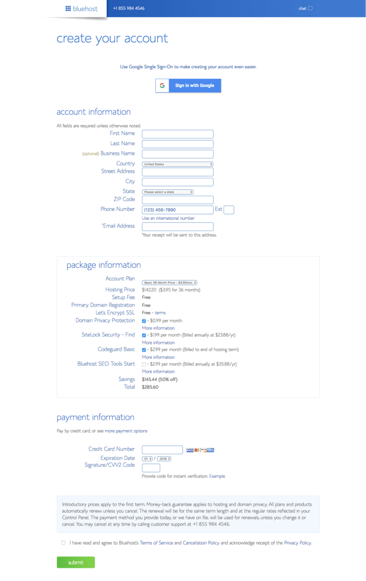 สร้างบัญชีใน bluehost