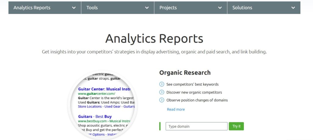 SEMrushのドメイン調査ツール。