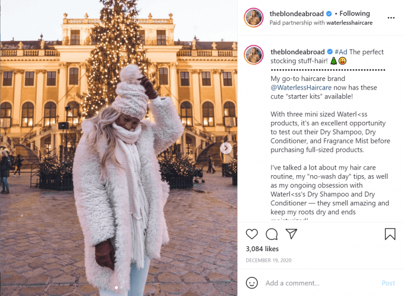 Пост в Instagram с партнерской ссылкой блога о путешествиях The Blonde Abroad.