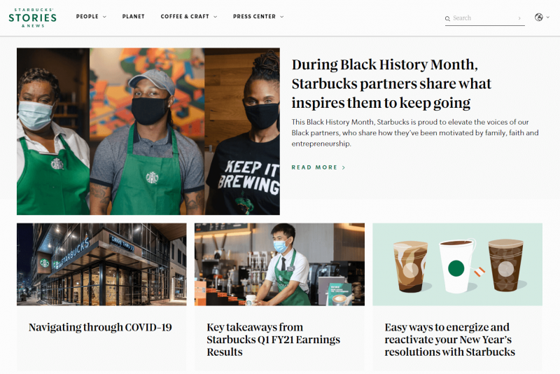 หน้าแรกของ Starbucks แสดงการเขียนคำโฆษณาในรูปแบบของโพสต์ในบล็อก