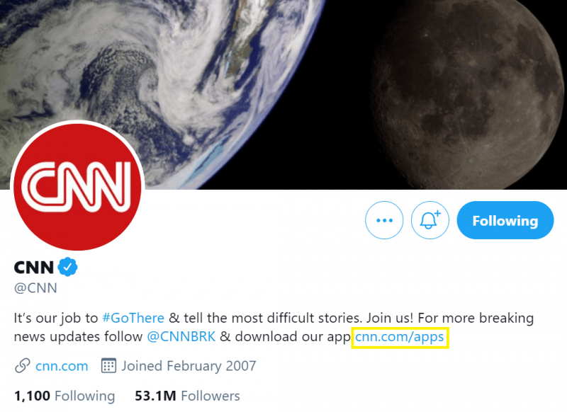 La pagina Twitter ufficiale della CNN, con un vanity URL di "cnn.com/apps".