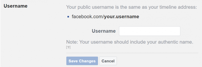 La pagina di registrazione per i vanity URL individuali di Facebook.