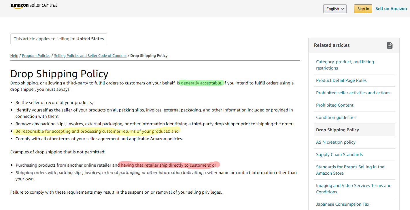 Drop Shipping Policy Amazon Seller Central