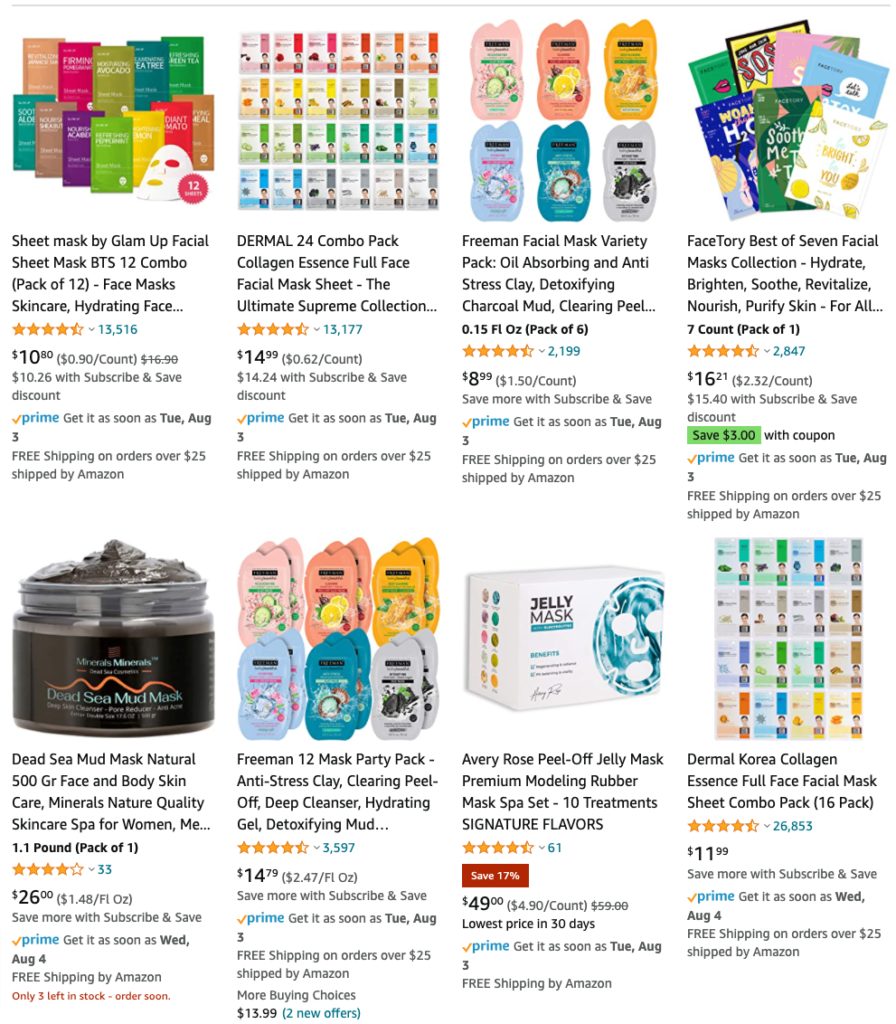 Spa face masks on Amazon