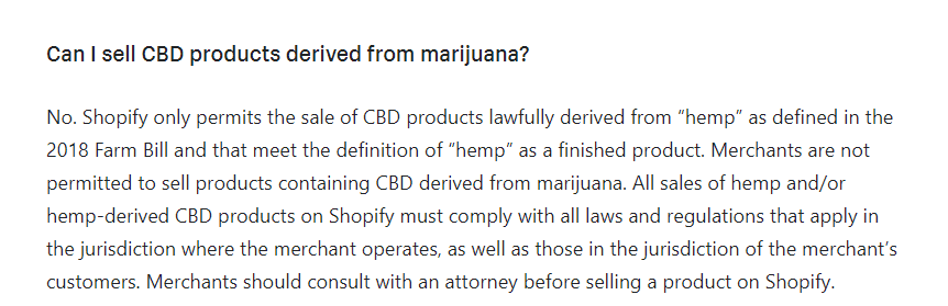 Some industries, such as CBD products, aren’t allowed to use Shopify Payments. If it’s against the Shopify Payments Terms of Service, you can’t use it.
