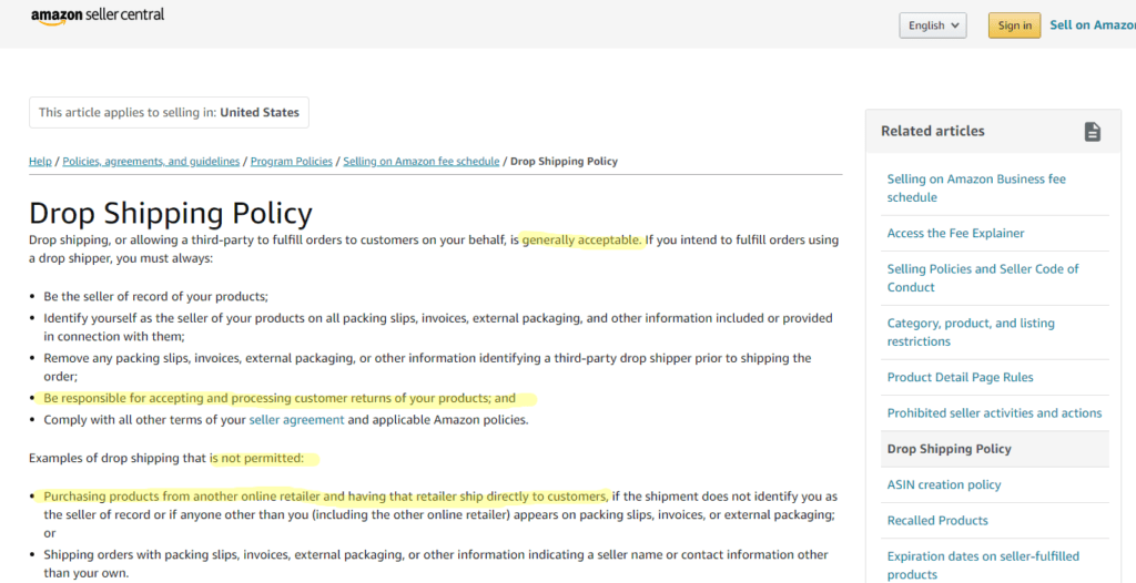 Amazon Drop Shipping Policy