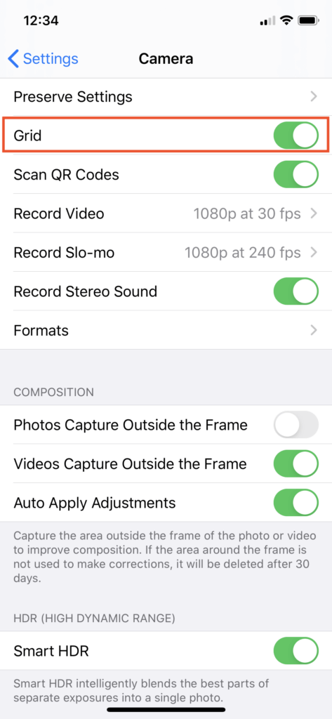 Cara mengaktifkan garis kisi untuk Kamera iPhone di Pengaturan iPhone