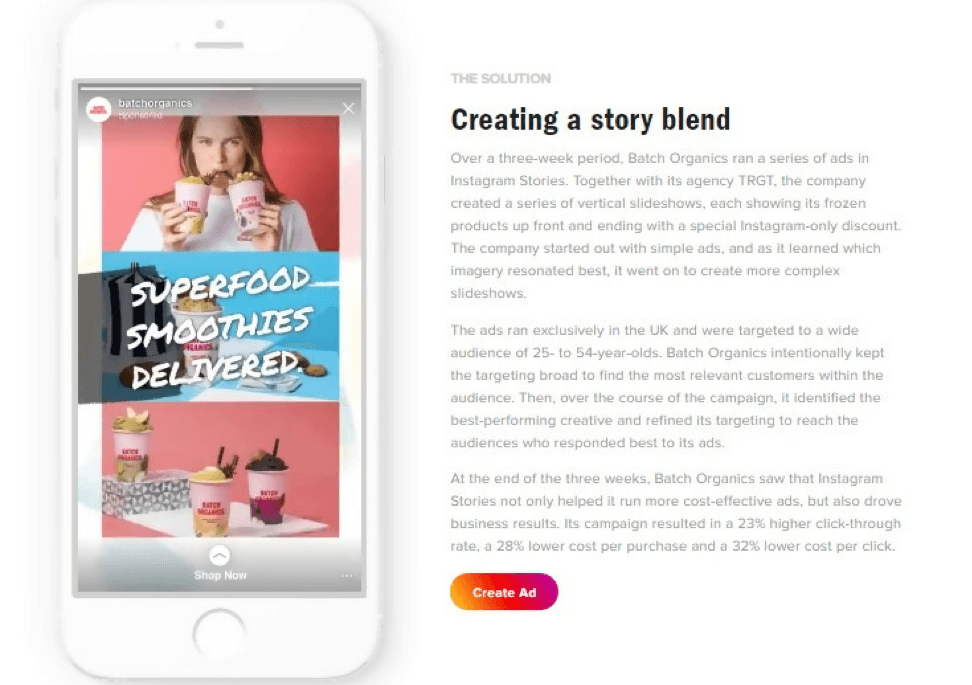 Exemple d'annonces Instagram Story - Batch Organics a créé un mélange de diaporamas après avoir testé des annonces simples par rapport à une narration plus complexe.