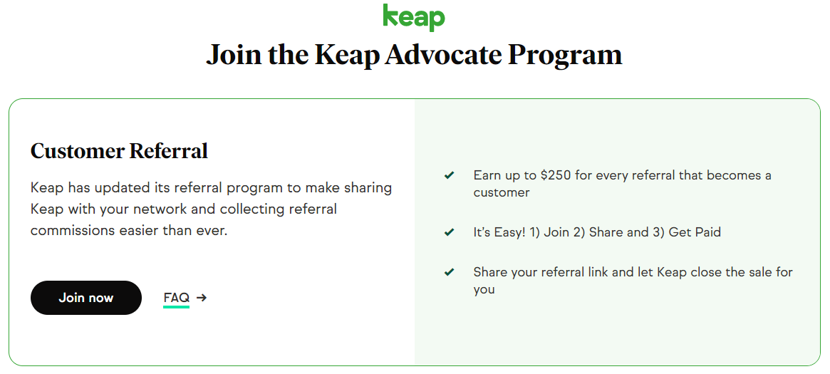 Keap Advocate Program 会员计划仪表板的屏幕截图