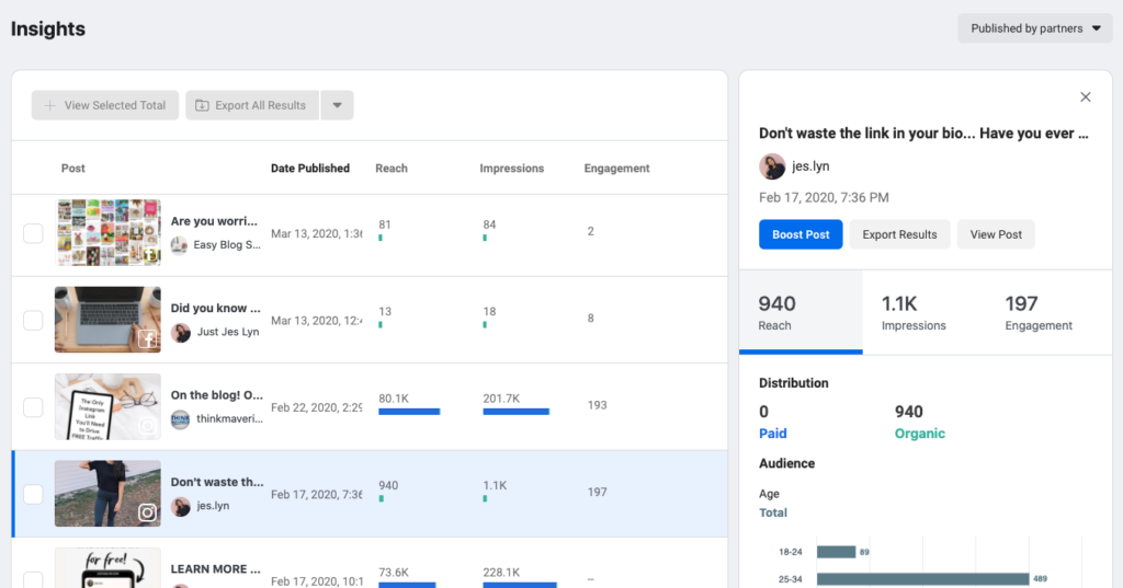 Ver información del contenido de Instagram de la marca en Brand Collabs Manager