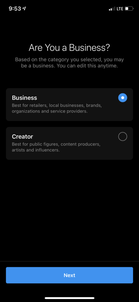 Выберите Бизнес-аккаунт в Instagram