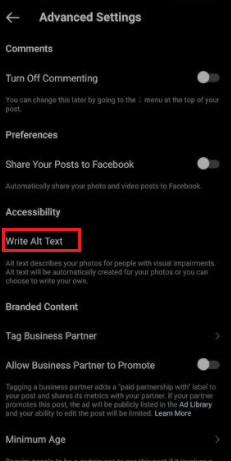 Instagram 帖子高級設置中的“寫入替代文本”選項的屏幕截圖。