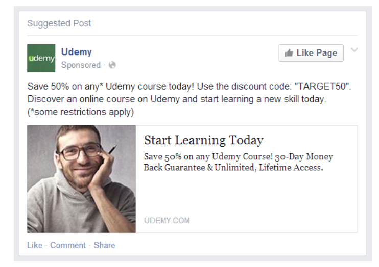 مثال على إعلان فيسبوك Udemy