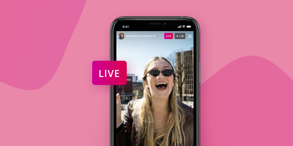 Скриншот Instagram Live на телефоне на розовом фоне.