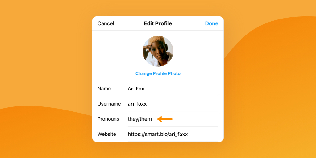 Bearbeiten Sie Ihre Pronomen auf Instagram-Profil auf einem orangefarbenen Hintergrund