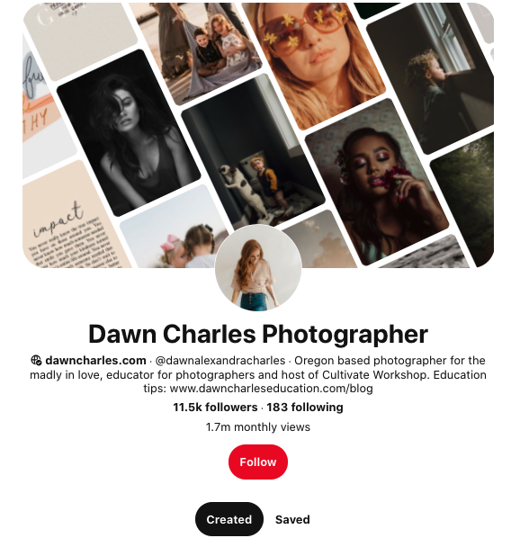 O perfil do Pinterest de Dawn Charles um fotógrafo