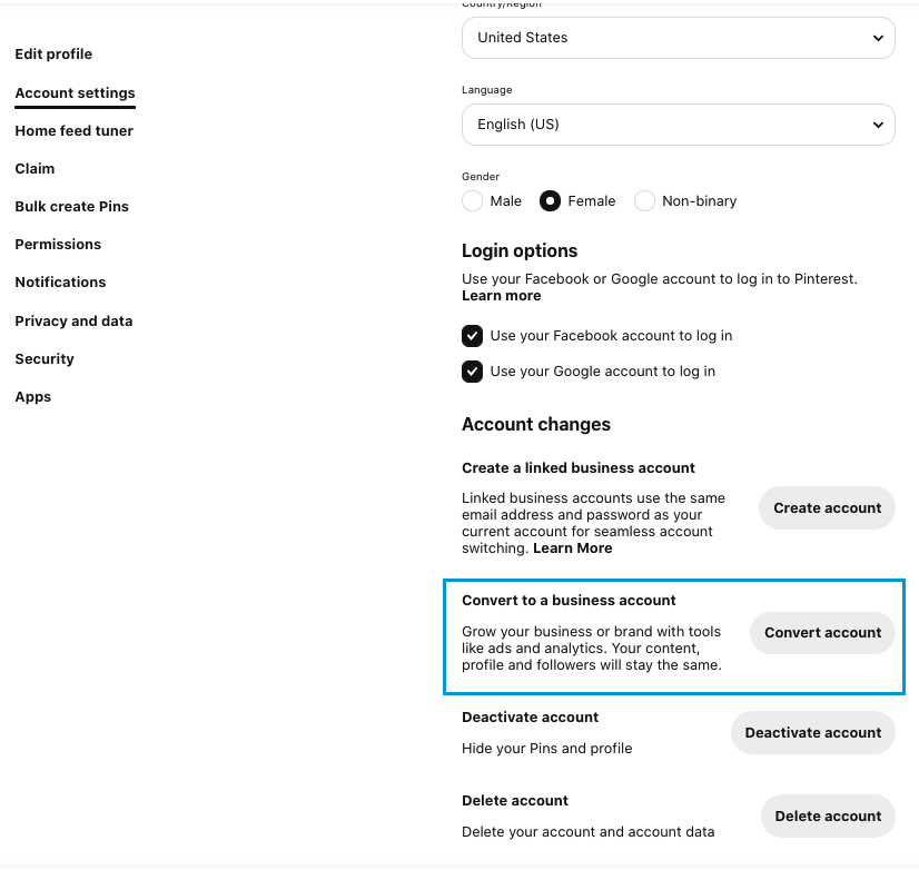 Uma visualização das configurações da conta no Pinterest, onde você pode converter para uma conta comercial.