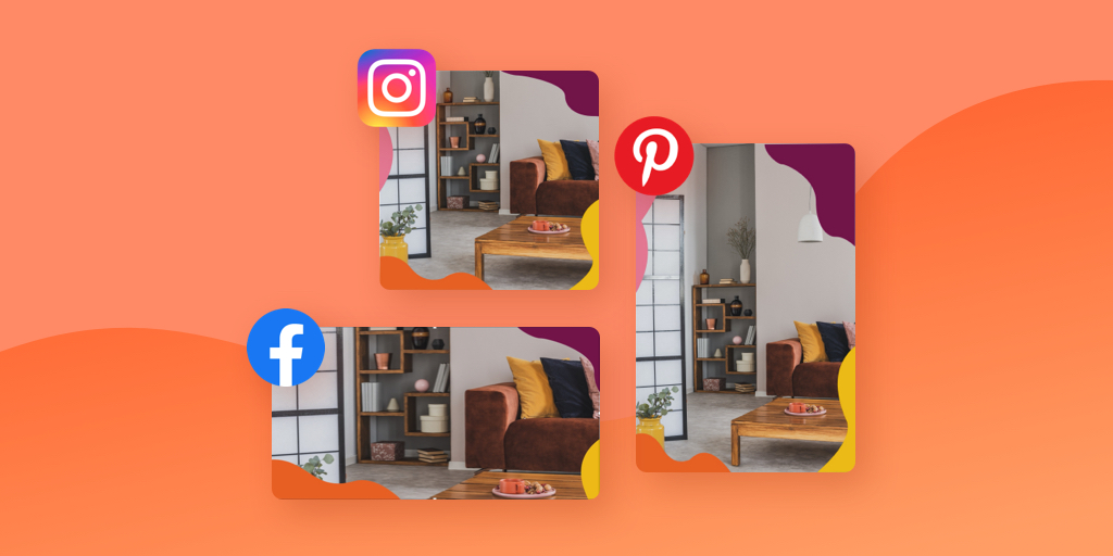 A mesma imagem de um sofá e estante com estilo para Instagram, Pinterest e Facebook