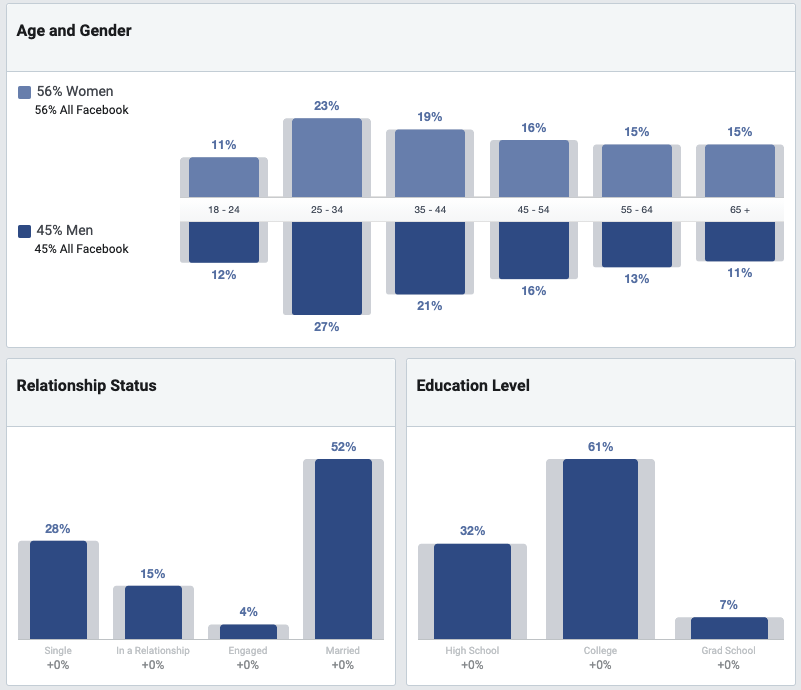 Una captura de pantalla de la herramienta de información de la audiencia de Facebook, que detalla la edad y el sexo, el estado civil y el nivel educativo