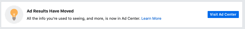 Una ventana emergente de Facebook que dice que los resultados de los anuncios se han movido.