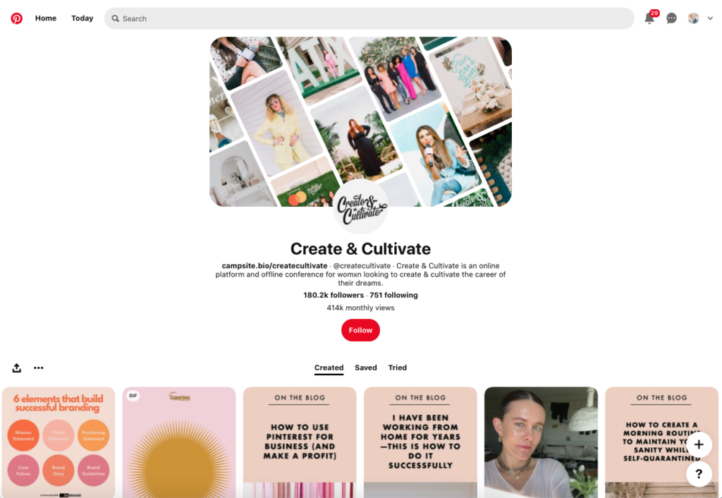 Una captura de pantalla del perfil de Pinterest de Create & Cultivate