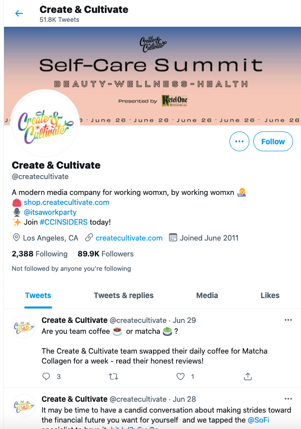 Una captura de pantalla del perfil de Twitter de Create & Cultivate