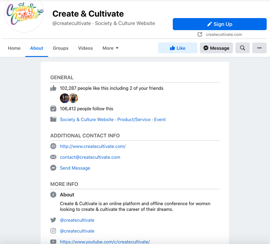 La sección Acerca de mí de la página de Facebook de Create & Cultivate