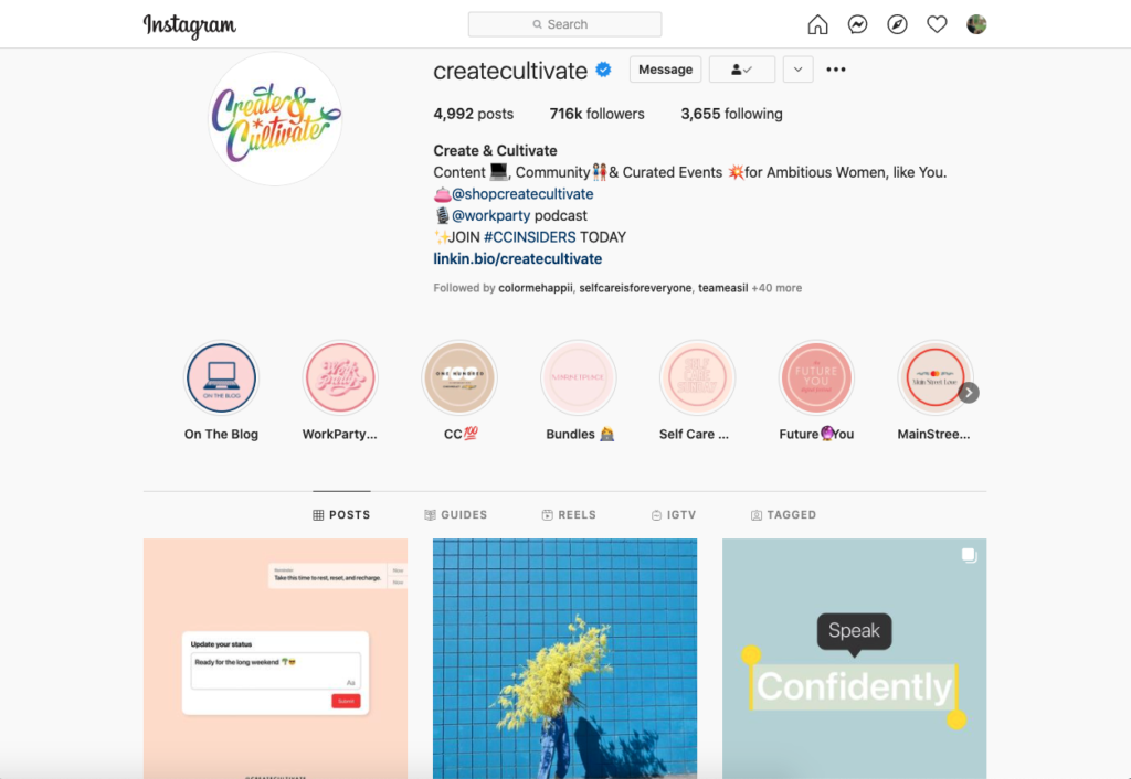 una captura de pantalla del perfil de Instagram de Create and Cultivate