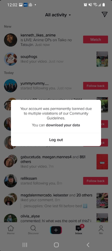 Alex'in TikTok askıya alma bildiriminin ekran görüntüsü "Topluluk Kurallarımızın birden fazla ihlali nedeniyle hesabınız kalıcı olarak yasaklandı. Verilerinizi indirebilirsiniz."