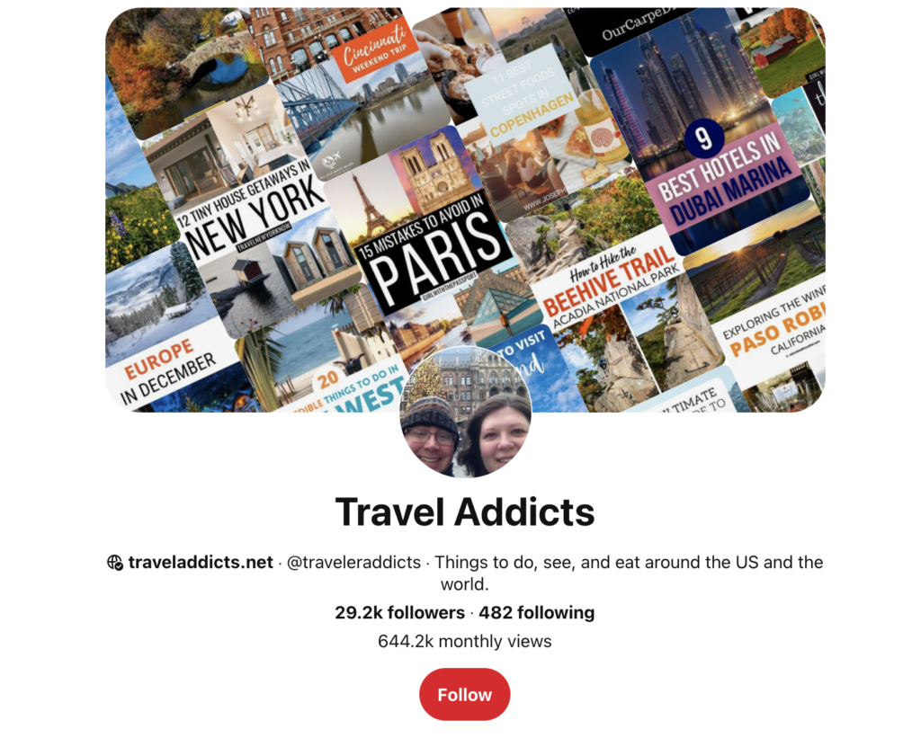 Captura de tela da conta do Pinterest do Travel Addicts