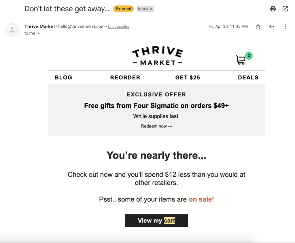 e-mail de carrinho abandonado do Thrive Market