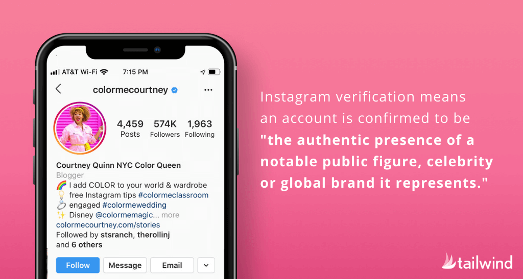 Verificação azul no Instagram - A verificação do Instagram significa que uma conta é confirmada como a presença autêntica de uma figura pública notável, celebridade ou marca global que ela representa.