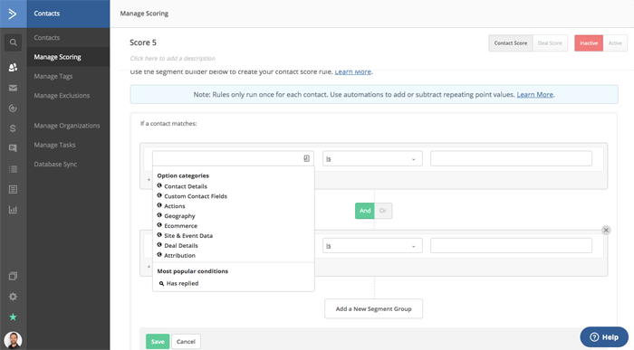 Leadscoring-Kriterien von activecampaign