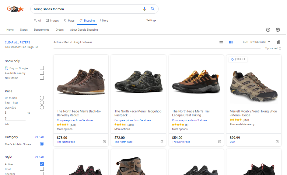 Esempio di shopping su Google