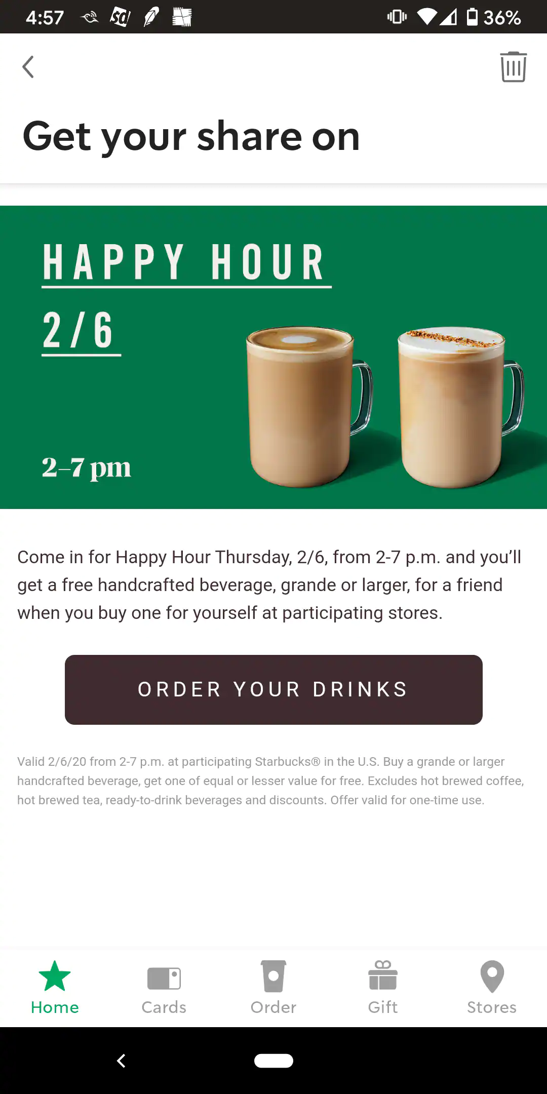 Starbucks Happy Hour BOGO Grande or Larger Handcrafted Drink 2-7PM Thursday 02/06/2020