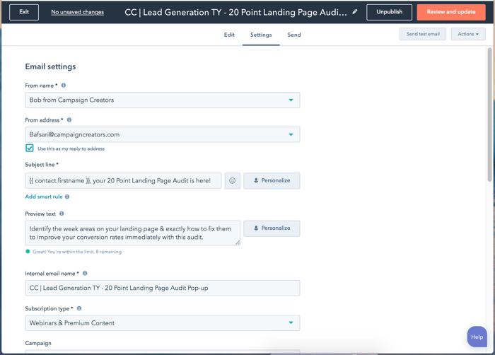 HubSpot 電子郵件設置選項卡示例