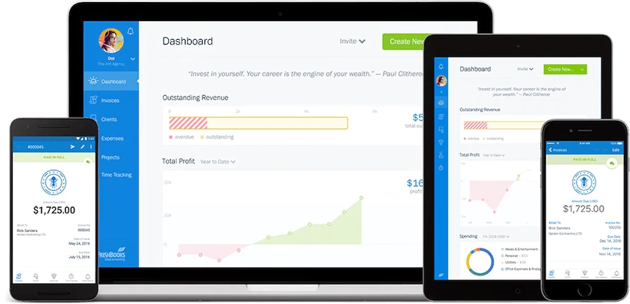 Promocyjny obraz oprogramowania księgowego FreshBooks prezentowany na wielu urządzeniach
