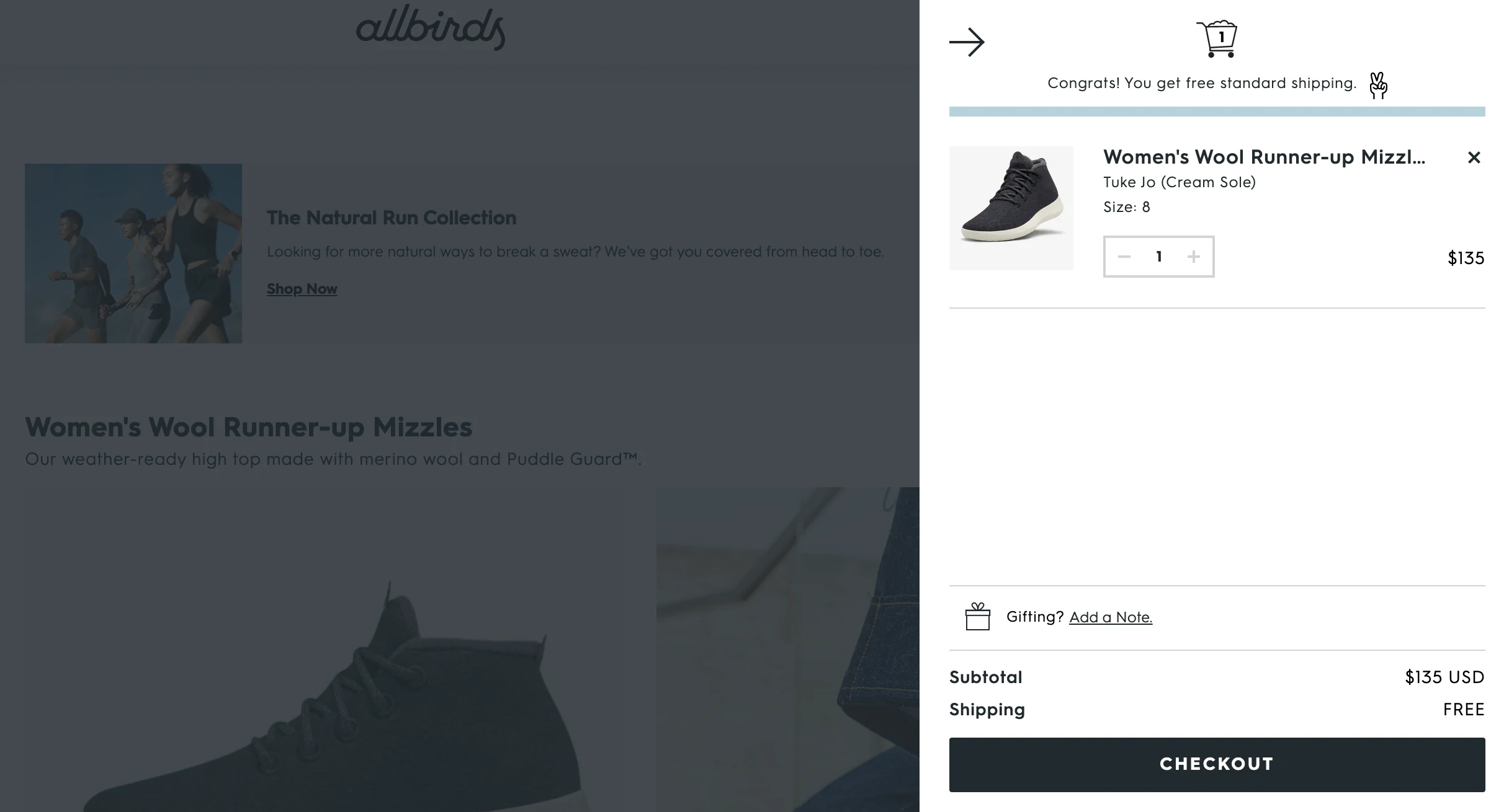 Mesajul de finalizare a coșului Allbirds pentru livrare gratuită