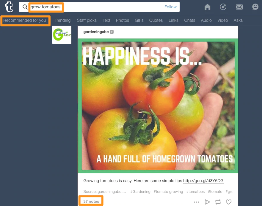 トマトを育てるTumblr検索のスクリーンショット