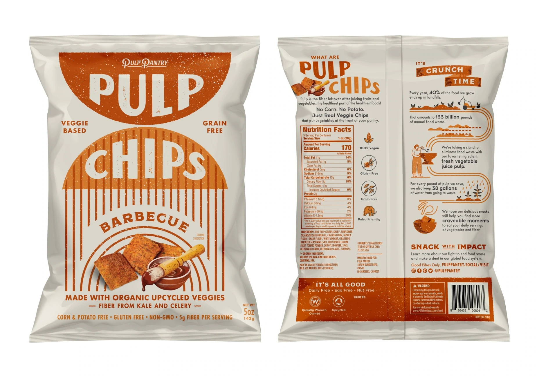 Gambar detail kemasan Pulp Chips, bagian depan dan belakang tas