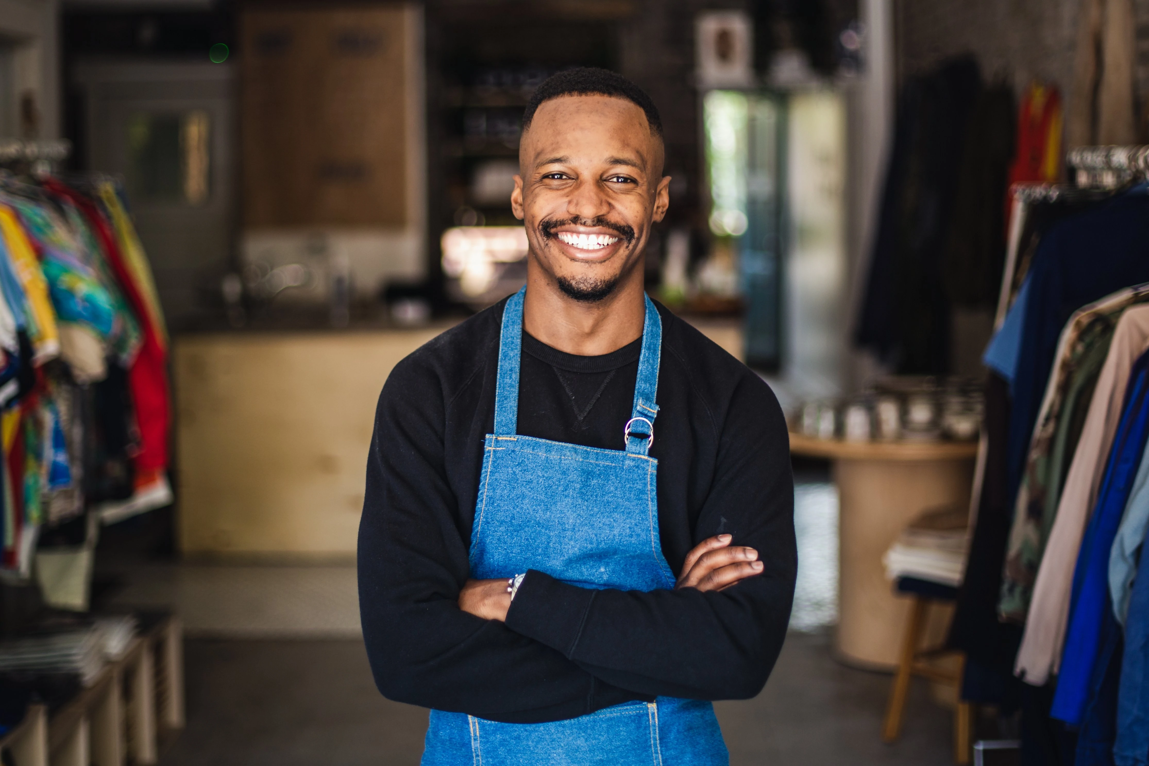 Propriétaire de petite entreprise dans un tablier debout et souriant avec les bras croisés