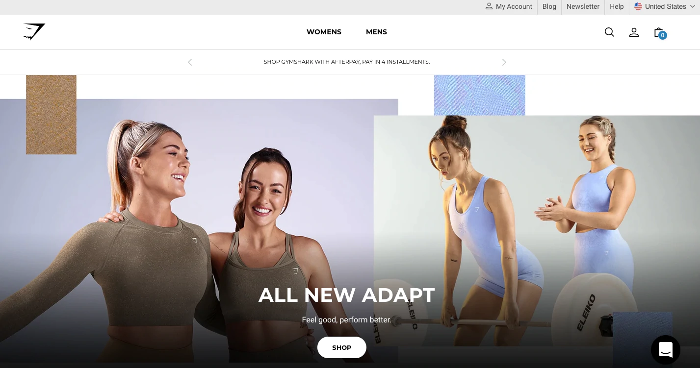 有名な直接販売ブランドであるGymsharkのホームページの例