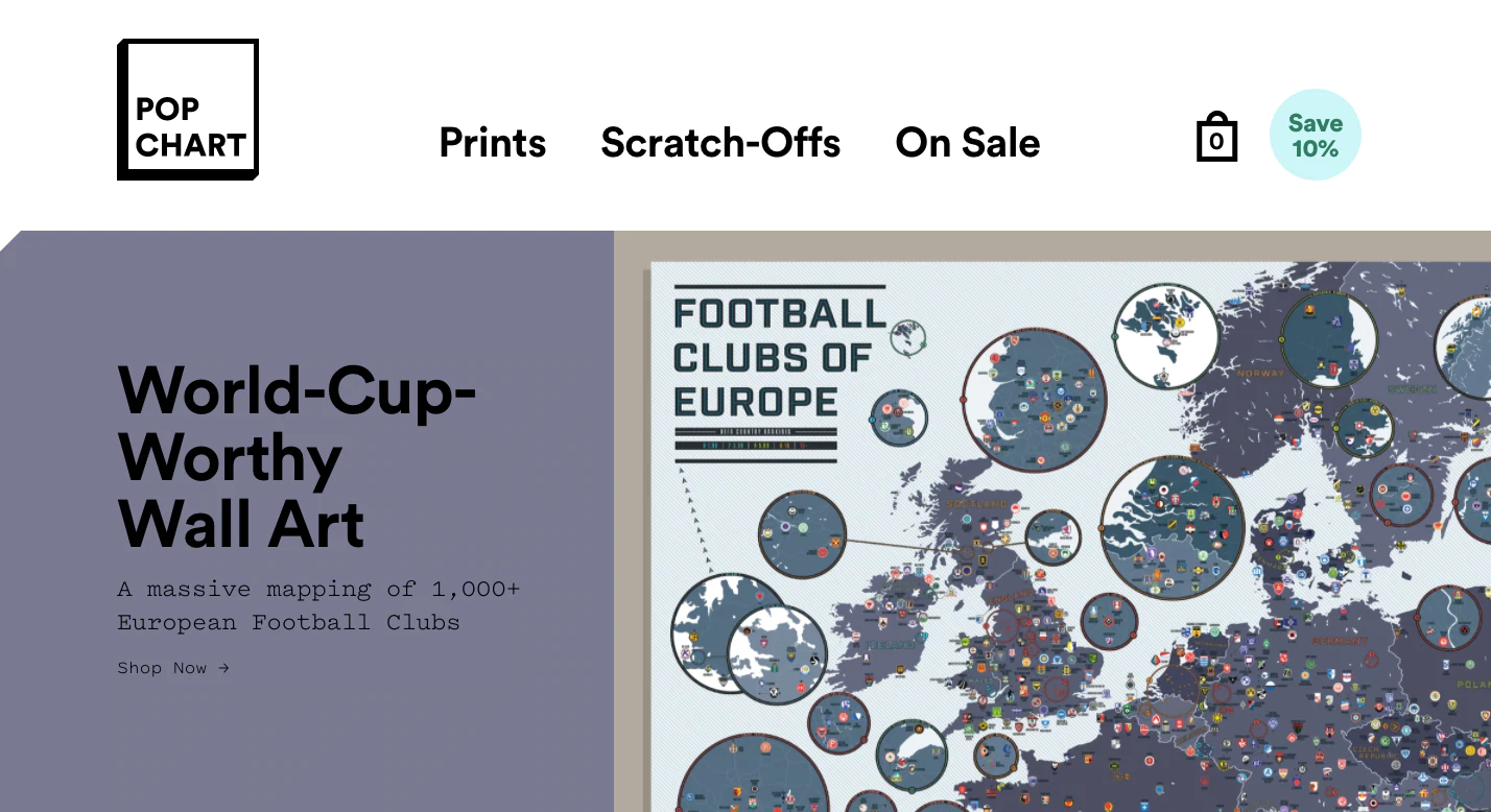 Pop Chartのウェブサイトは、スクラッチオフのアートワークをフィーチャーするのに十分なクリーンスペースと色のバランスをとっています。